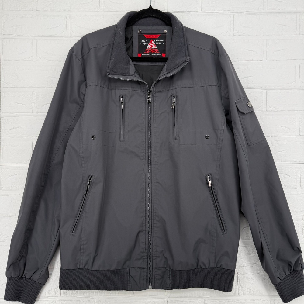 Spire Bomber Jacket Mens XL Charcoal Gray Full Zip Multi-Pocket Fleece Collar